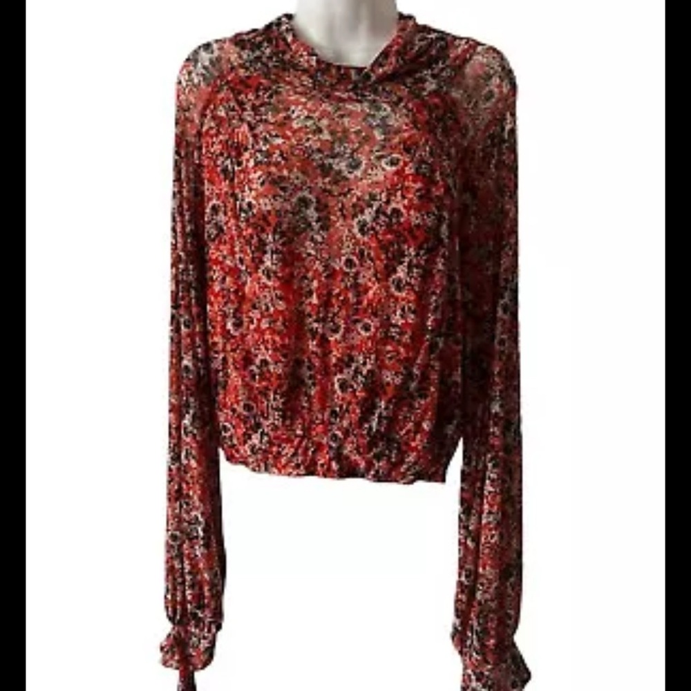 Free People Red and Black Ruched Crop Blouse